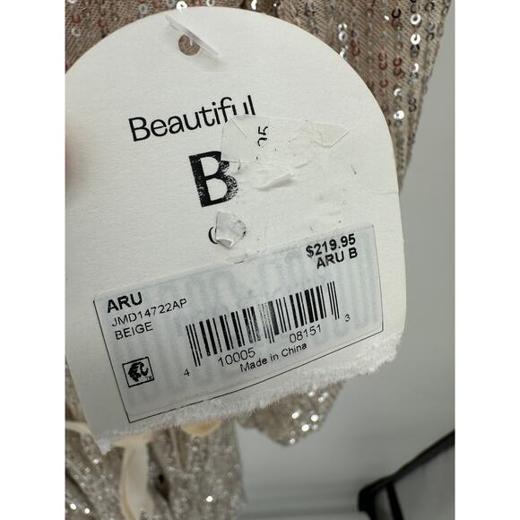 Arula Dress Women 2X Beige Sequin Shimmer Long Sleeve Maxi Gown Belt Long V Neck - Picture 9 of 11